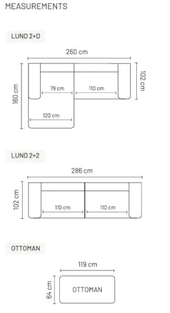 Lund 3-istuttava sohva 286cm, eri värejä